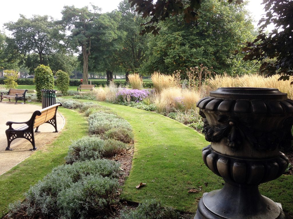 Formal garden seating and urns
