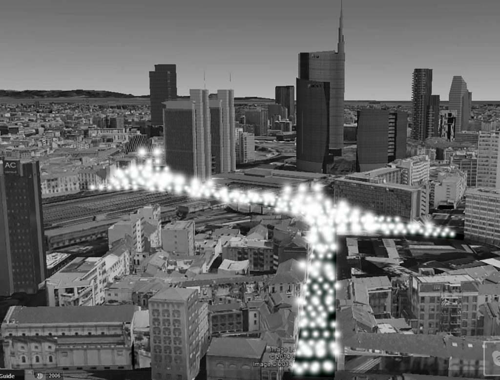 Sketch diagram of city with park as a grid of lights