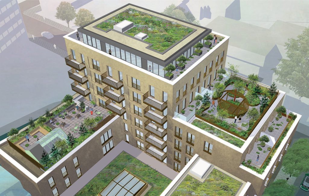 Birds eye sketch view of a building showing roof gardens 