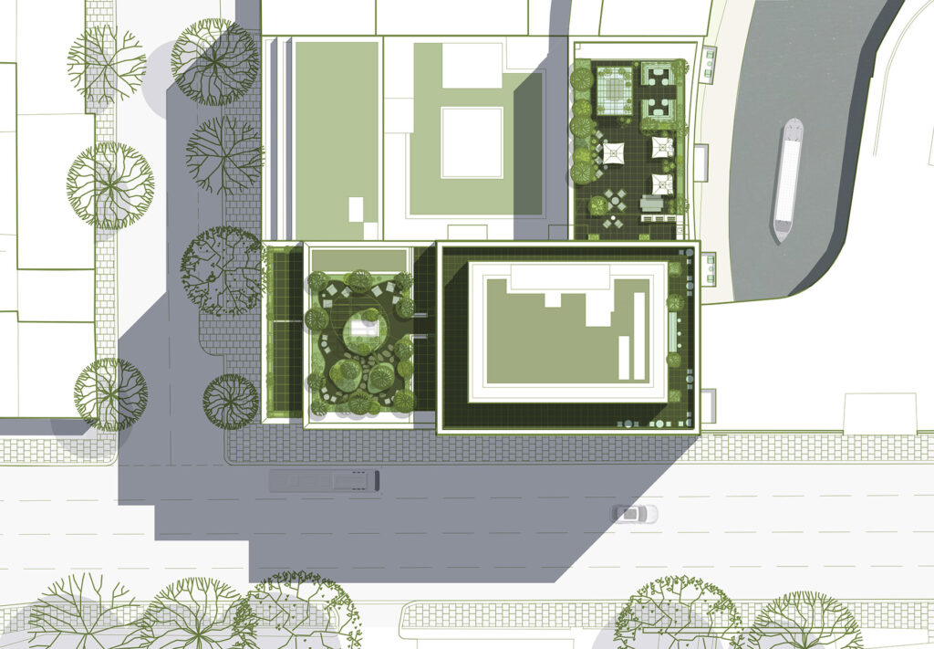 Sketch plan of building with landscape design for roof gardens