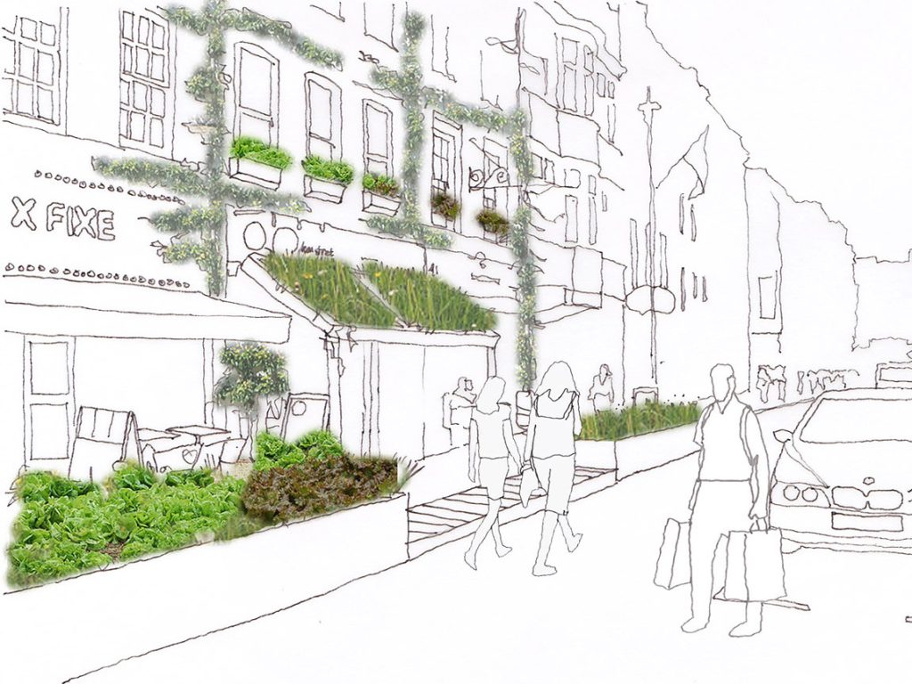 Restaurant with edible planting in raised planters