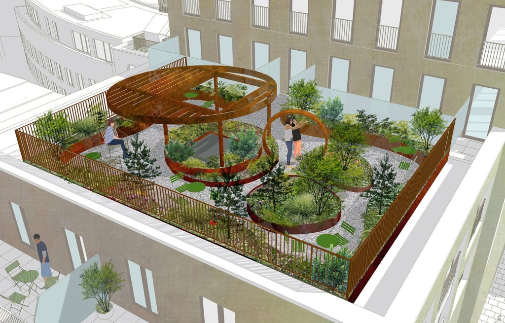 Roof terrace sketch from above showing planters and pergola